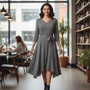 Gap Dress Womens Sz M Geometric 3/4 Sleeve Belted Flowy Tiered Y2K Stretch Black
